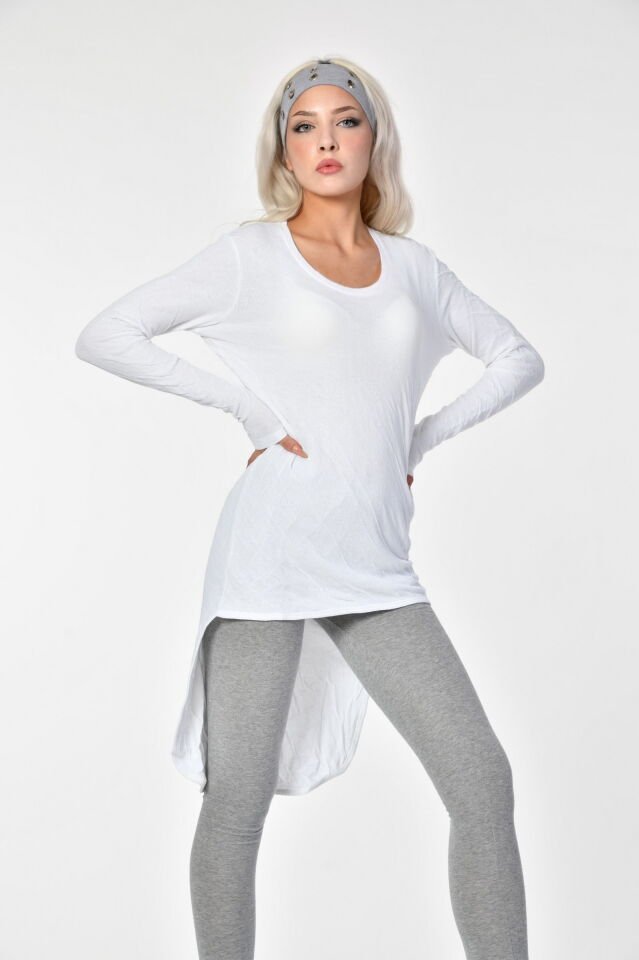 Cotton Candy Smokin Etekli Uzun Kol Kadın T-Shirt - Beyaz