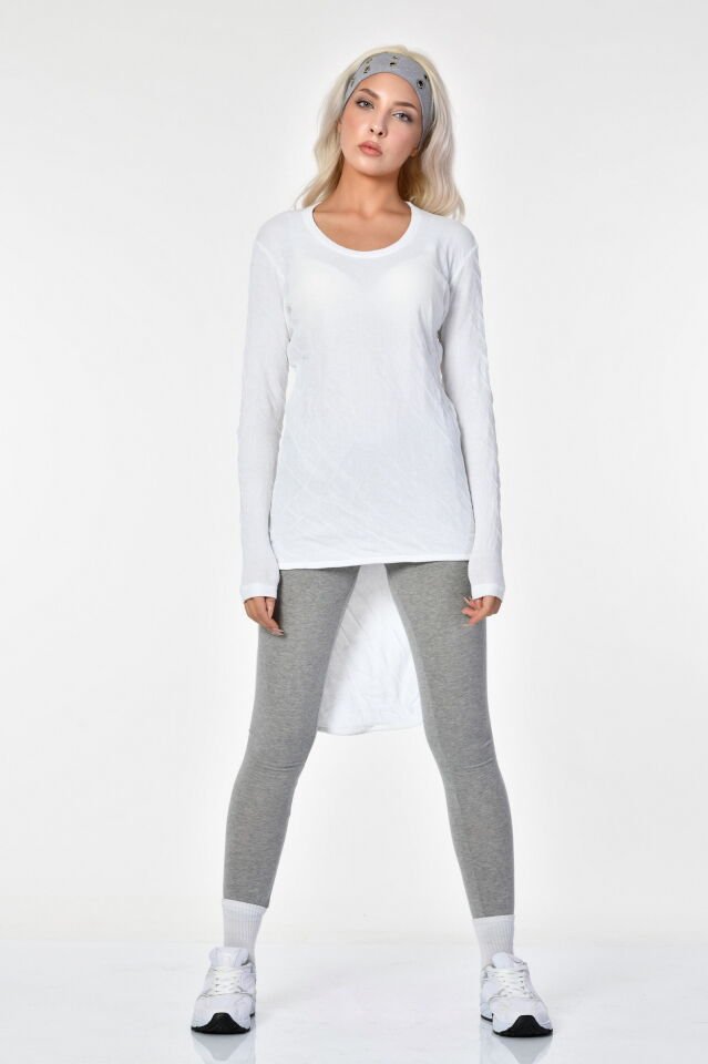 Cotton Candy Smokin Etekli Uzun Kol Kadın T-Shirt - Beyaz