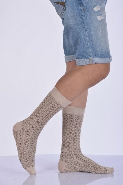 Erkek Desenli Bambu Soket Çorabı  - Bej