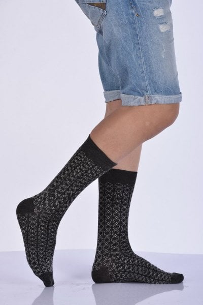 Erkek Desenli Bambu Soket Çorabı  - Koyu Gri