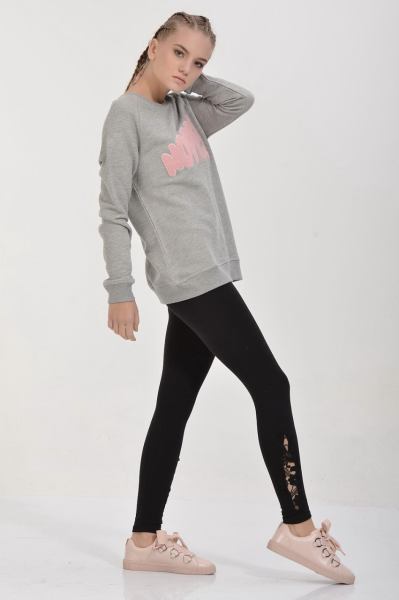 Cotton Candy Nope Kabartmalı Kadın Sweatshirt - Gri Melanj