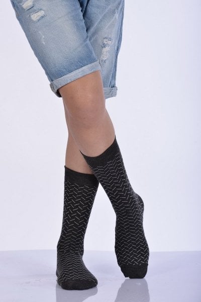 Erkek Desenli Bambu Soket Çorabı  - Koyu Gri