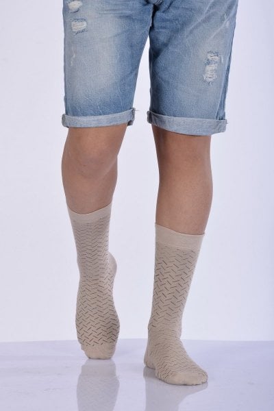 Erkek Desenli Bambu Soket Çorabı  - Bej