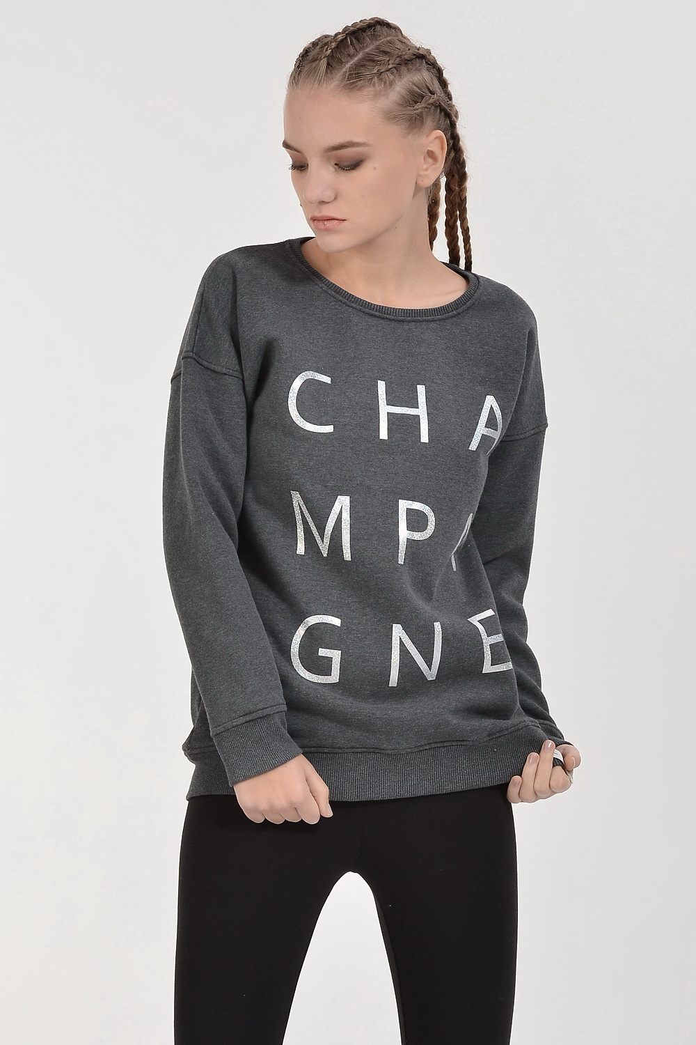 Cotton Candy Champagne Gümüş Baskılı Kadın Sweatshirt - Antrasit