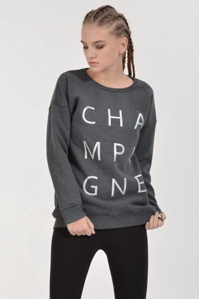 Cotton Candy Champagne Gümüş Baskılı Kadın Sweatshirt - Antrasit