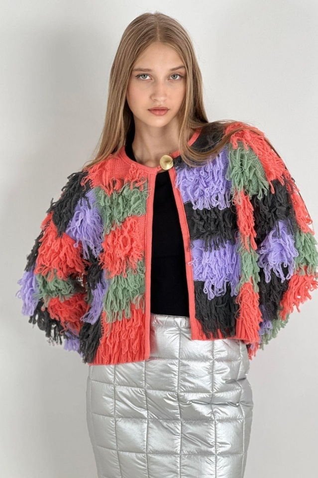 Miss Poem Püsküllü Çok Renkli Triko Hırka  - Çok Renkli