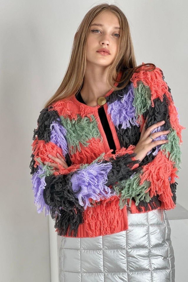 Miss Poem Püsküllü Çok Renkli Triko Hırka  - Çok Renkli