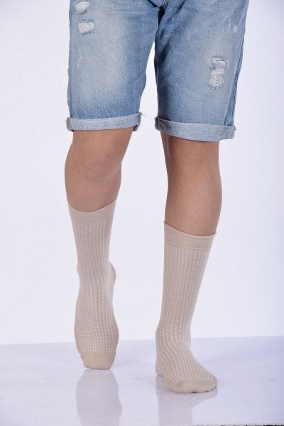 Erkek Desenli Bambu Soket Çorabı  - Bej