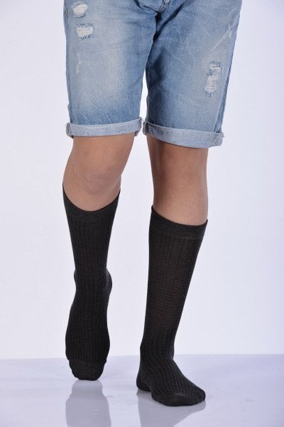 Erkek Desenli Bambu Soket Çorabı  - Koyu Gri