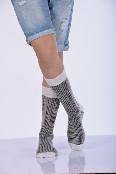 Erkek Desenli Bambu Soket Çorabı  - Açık Gri