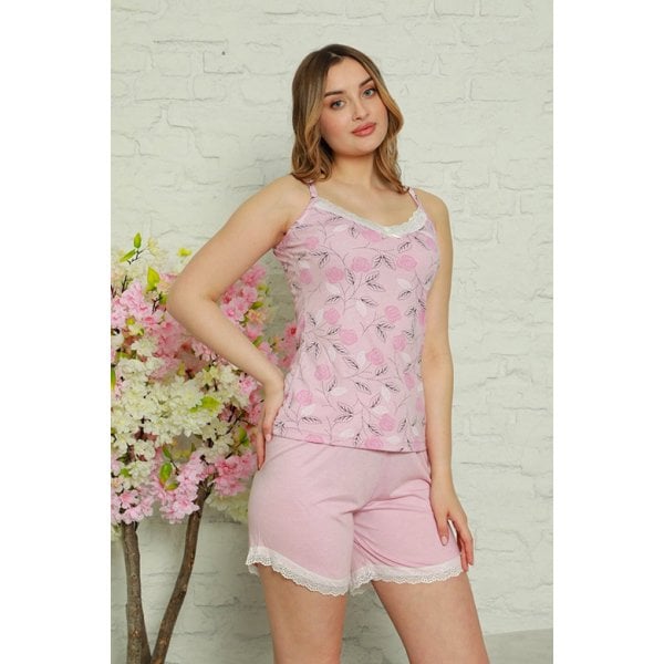 Dantelli Çiçek Desenli Kadın Pijama Takımı 2465-2  - Pembe