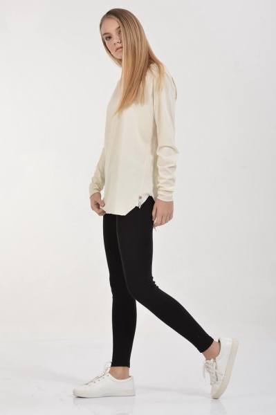 Cotton Candy Basic V Yaka Uzun Kol Kadın T-Shirt - Krem