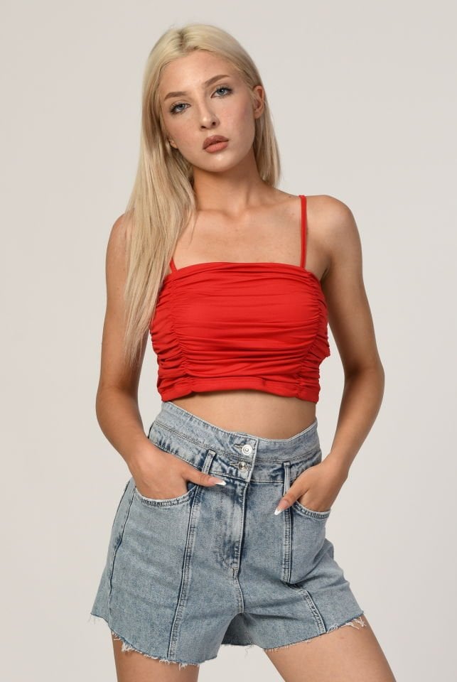 QUZU İnce Askılı Gipeli Crop  - Kırmızı