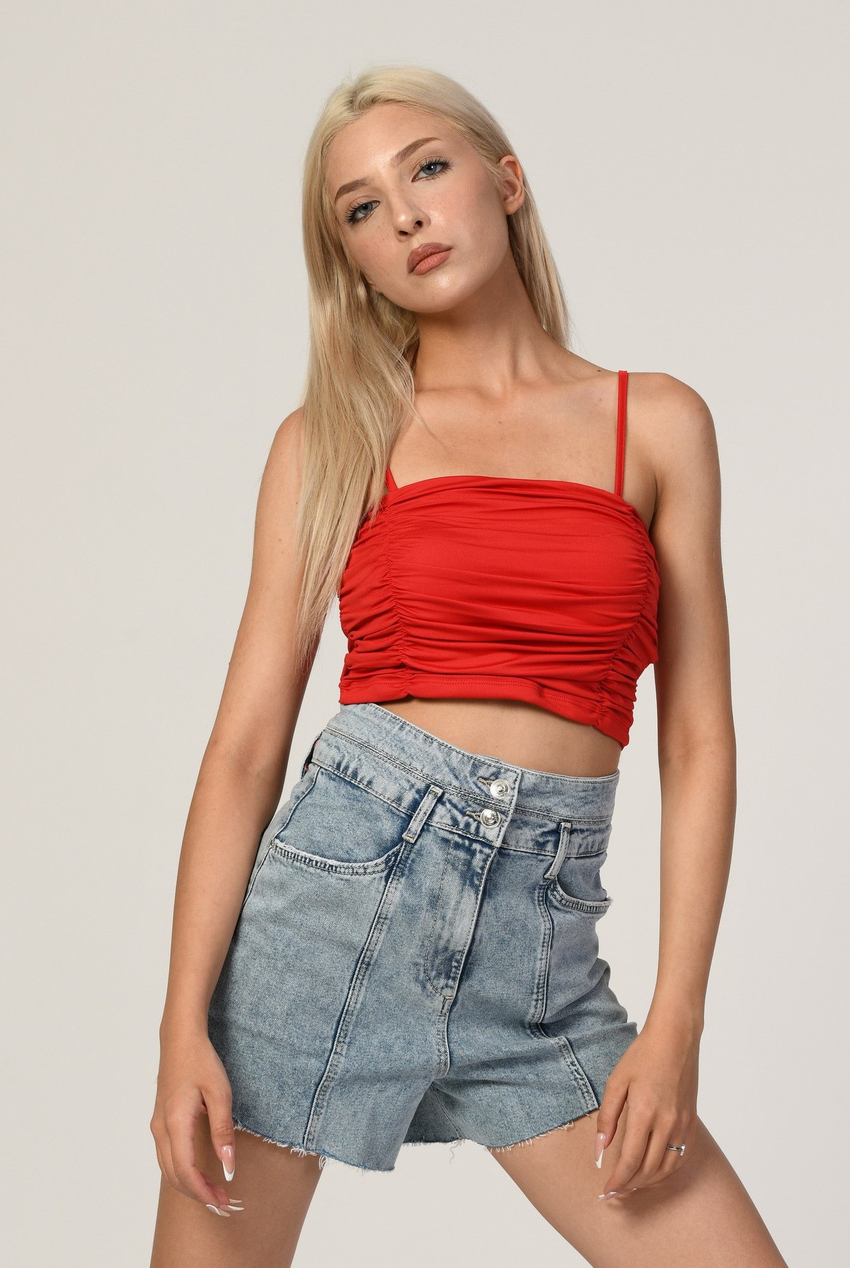 QUZU İnce Askılı Gipeli Crop  - Kırmızı