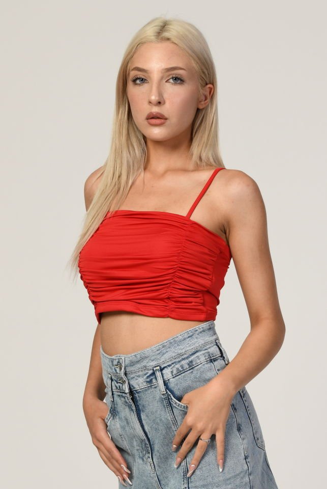 QUZU İnce Askılı Gipeli Crop  - Kırmızı