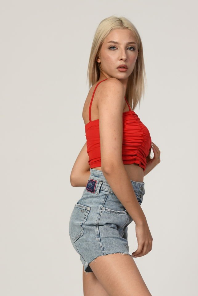 QUZU İnce Askılı Gipeli Crop  - Kırmızı