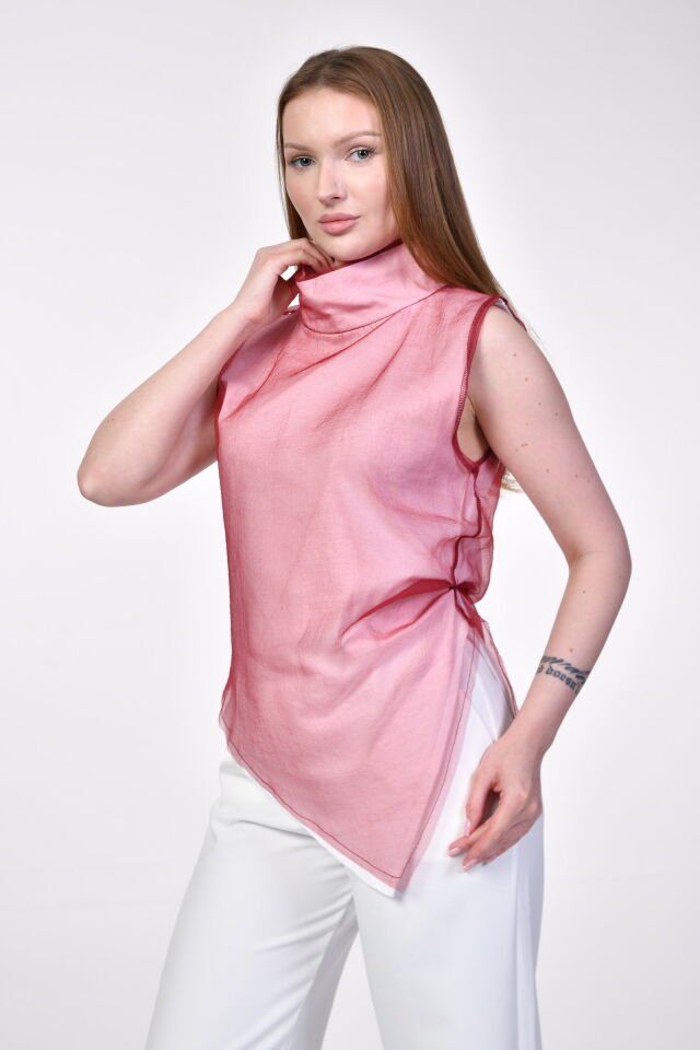Kinzi Yüksek Yaka Organze Verev Bluz  - Bordo