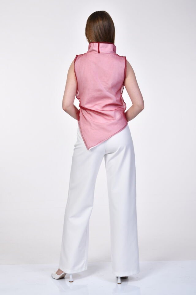 Kinzi Yüksek Yaka Organze Verev Bluz  - Bordo