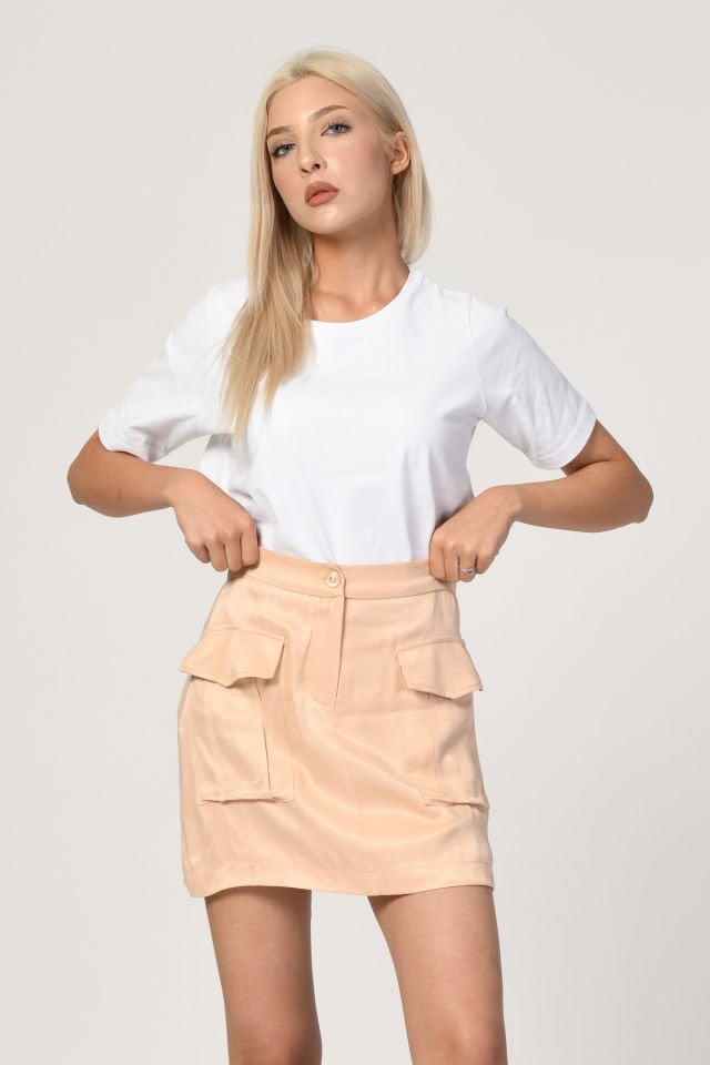 Lefon Körük Cepli Saten Mini Etek  - Bej