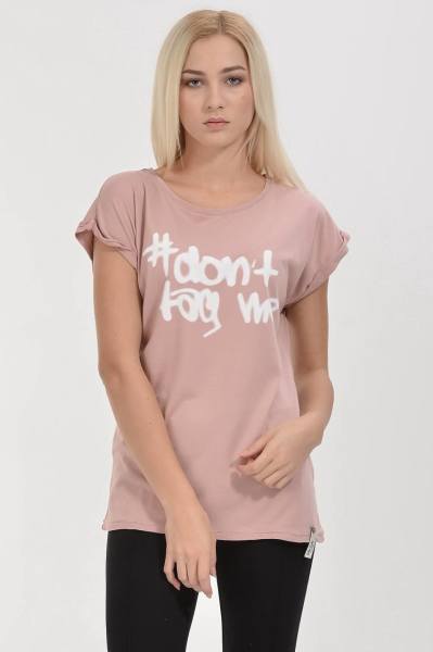 Cotton Candy #Don'T Tag Me Baskılı Kısa Kol Kadın T-Shirt - Pudra