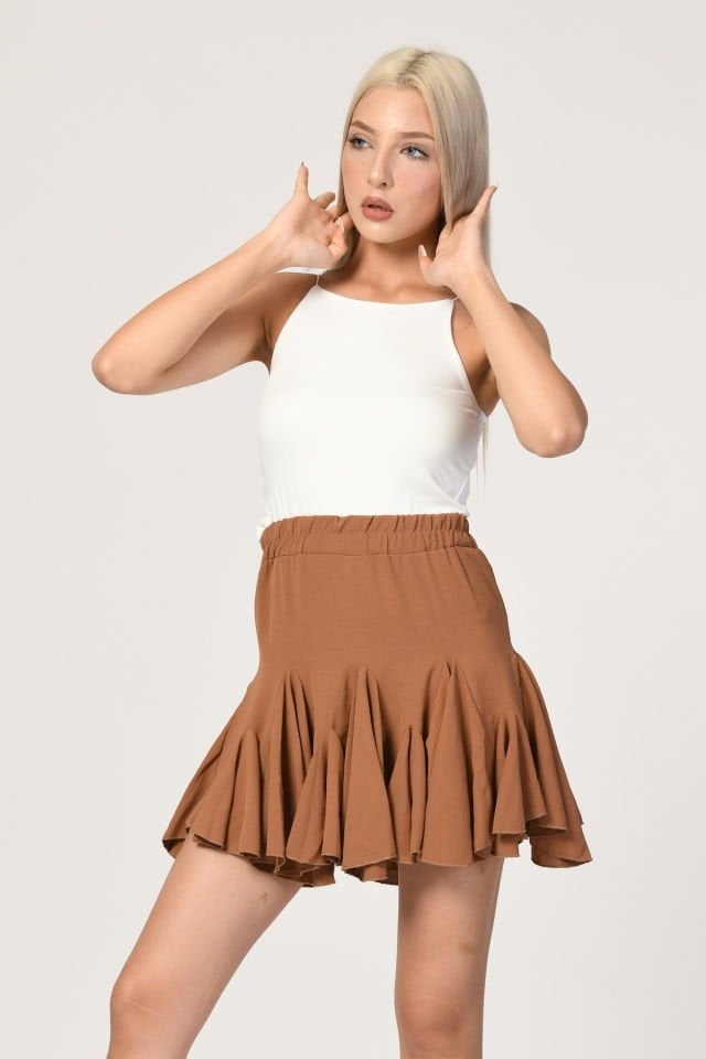 Bebe Plus Pileli Şort Etek  - Kahverengi