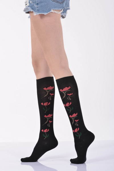 Kadın Çiçekli Dizaltı Çorabı   - Siyah 3\\\'lü Paket