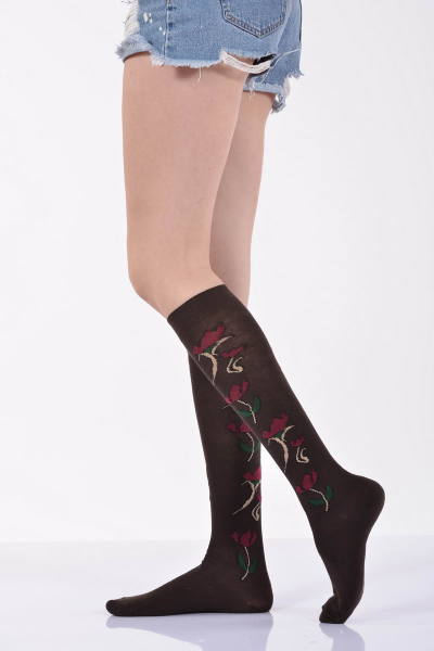 Kadın Çiçekli Dizaltı Çorabı   - Kahverengi 3\\\'lü Paket