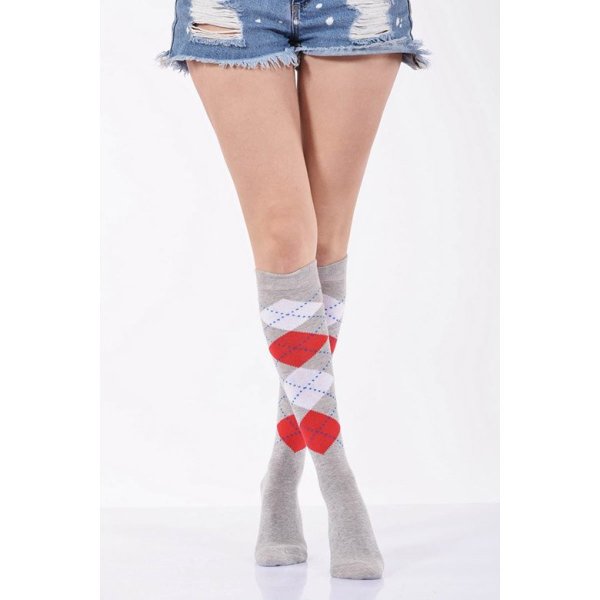 Kadın Ekoseli Dizaltı Çorabı  - Açık Gri 3\\\'lü Paket