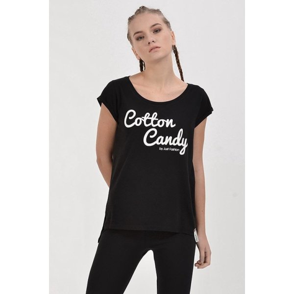 Cotton Candy Baskılı Kısa Kol Kadın T-Shirt - Siyah
