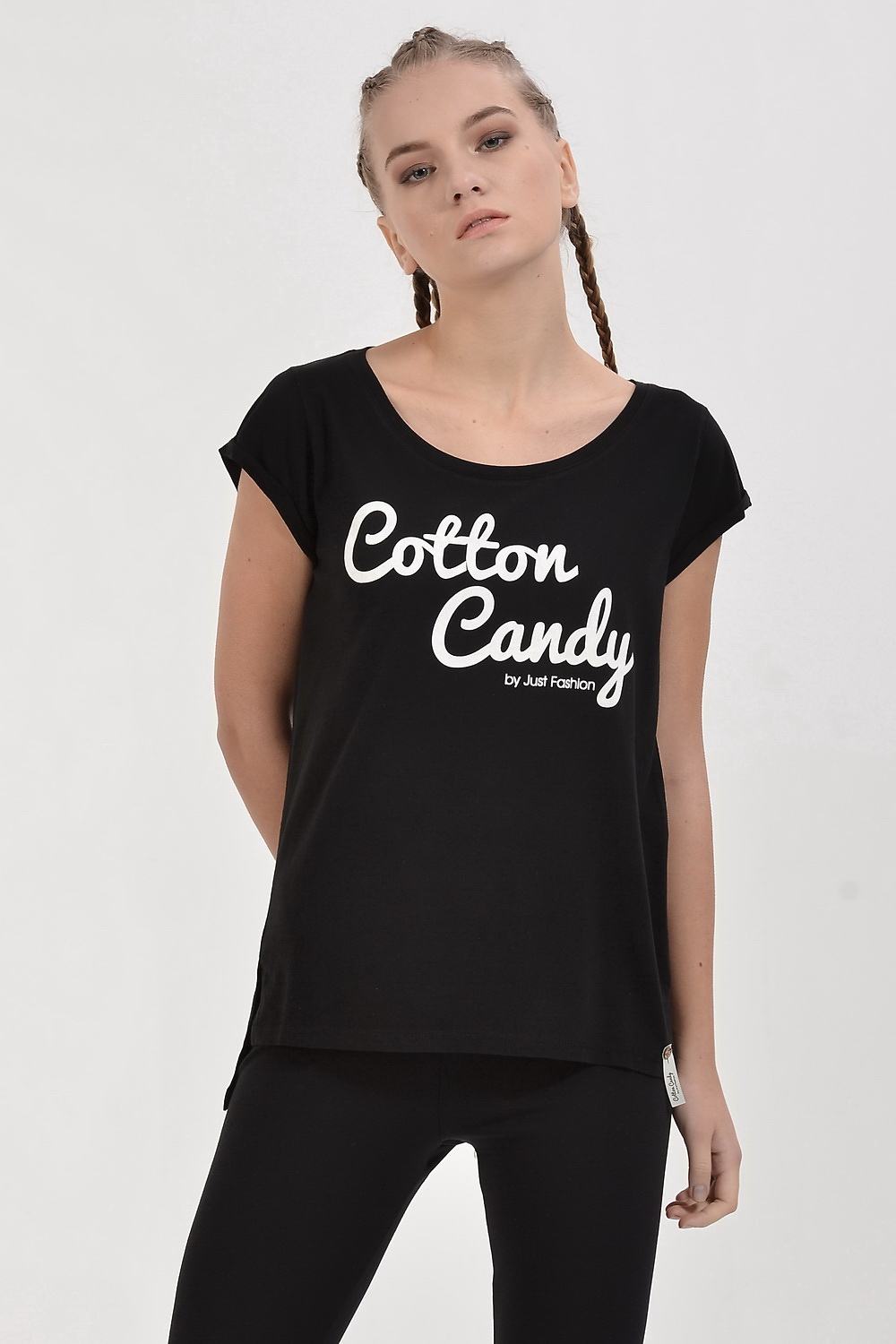 Cotton Candy Baskılı Kısa Kol Kadın T-Shirt - Siyah