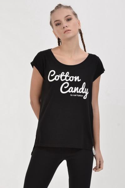 Cotton Candy Baskılı Kısa Kol Kadın T-Shirt - Siyah