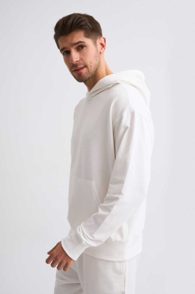 Organik Kapüşonlu Uzun Kollu Erkek Sweatshirt - Ekru
