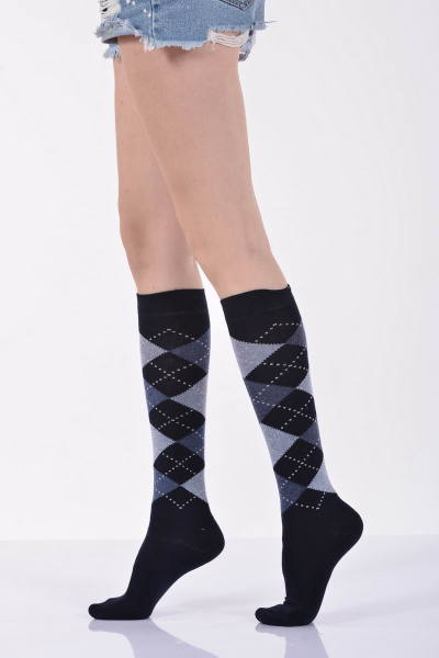 Kadın Ekoseli Dizaltı Çorabı  - Lacivert 3\\\'lü Paket