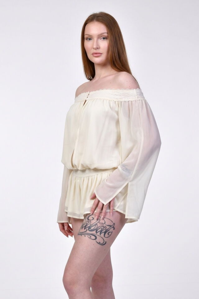 Sevenay Şortlu Astarlı Güpür Detaylı Mini Boy Tulum  - Ekru