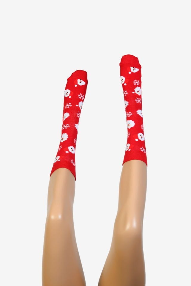Moda1001 Noel Baba Temalı Yılbaşı Kadın Soket Çorabı  - Kırmızı