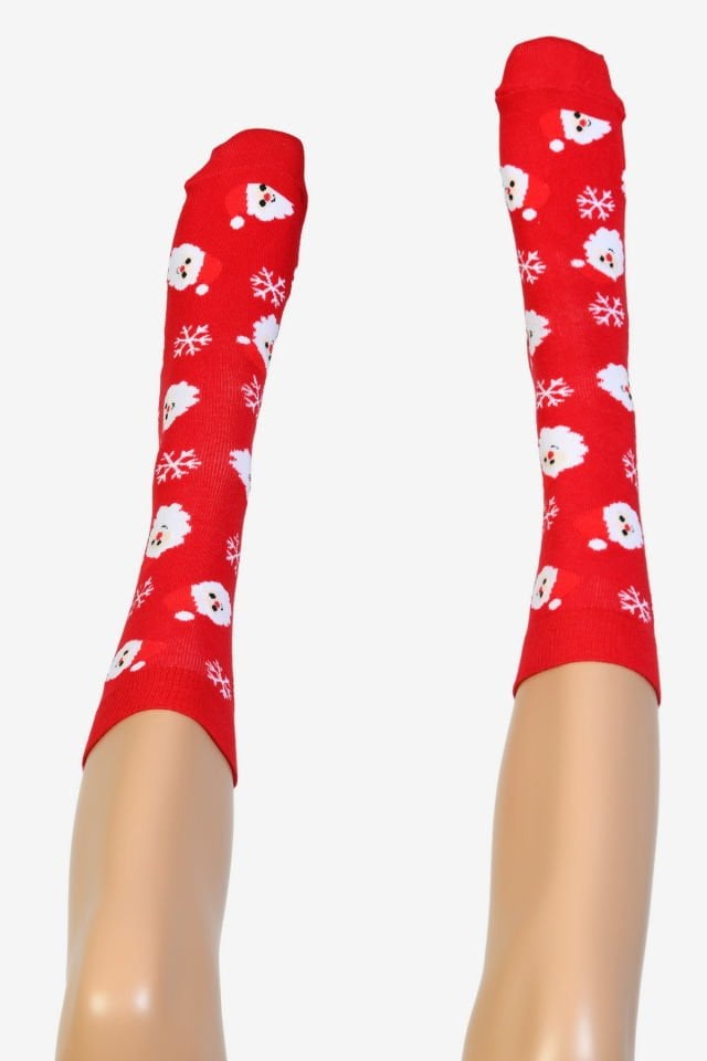 Moda1001 Noel Baba Temalı Yılbaşı Kadın Soket Çorabı  - Kırmızı