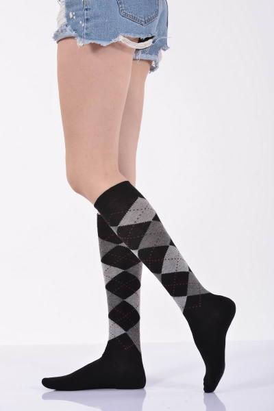 Kadın Ekoseli Dizaltı Çorabı  - Siyah 3\\\'lü Paket