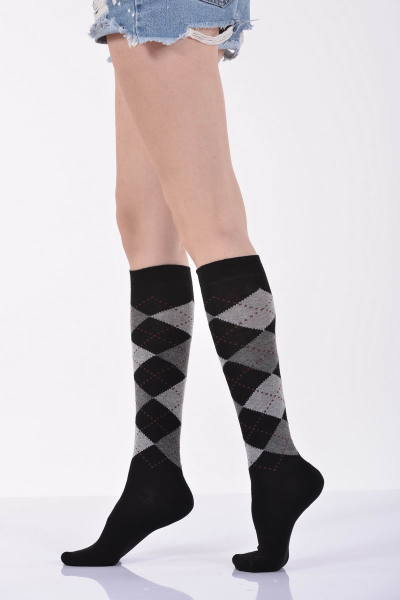 Kadın Ekoseli Dizaltı Çorabı  - Siyah 3\\\'lü Paket