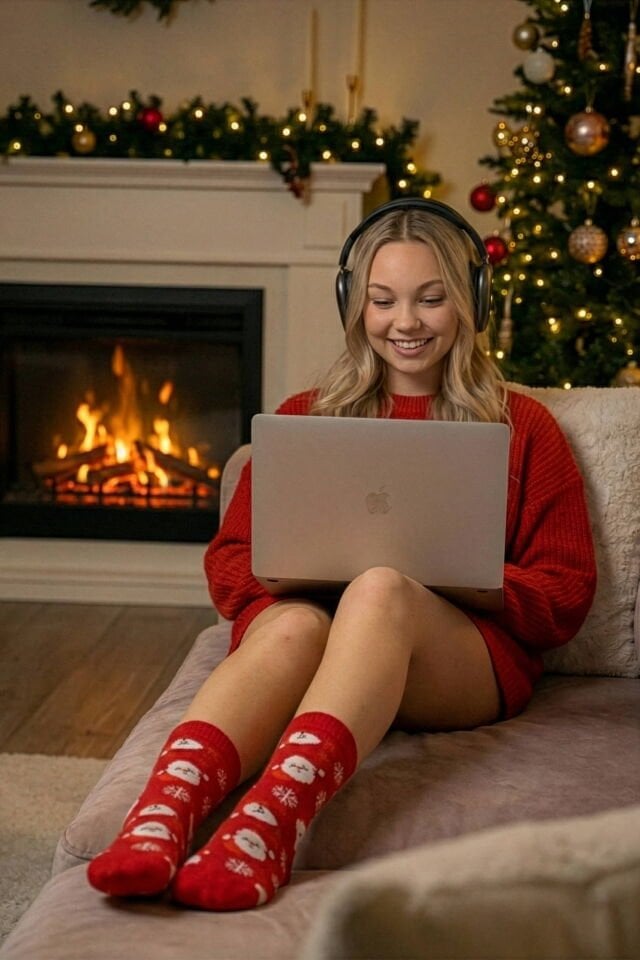 Moda1001 Noel Baba Temalı Yılbaşı Kadın Soket Çorabı  - Kırmızı