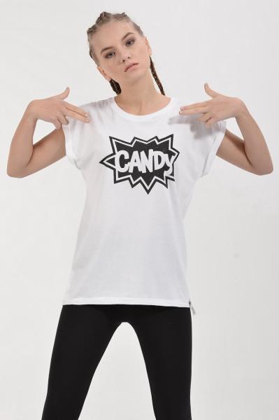 Cotton Candy Taşlı Candy Baskılı Kısa Kol Kadın T-Shirt - Beyaz