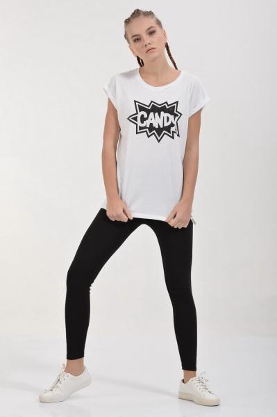 Cotton Candy Taşlı Candy Baskılı Kısa Kol Kadın T-Shirt - Beyaz