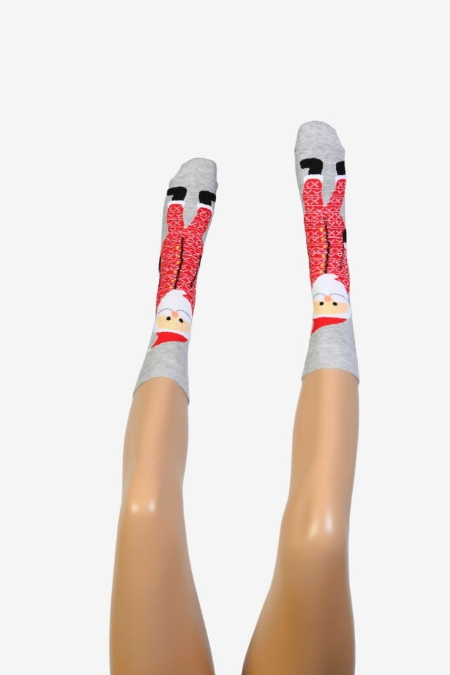Moda1001 Noel Baba Temalı Yılbaşı Kadın Soket Çorabı  - Gri