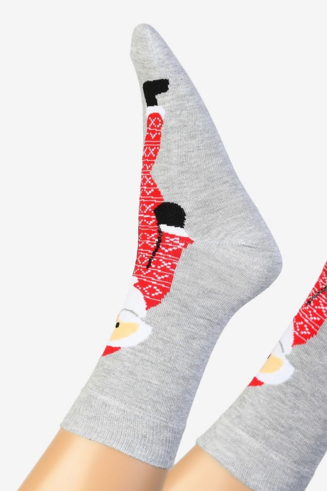 Moda1001 Noel Baba Temalı Yılbaşı Kadın Soket Çorabı  - Gri