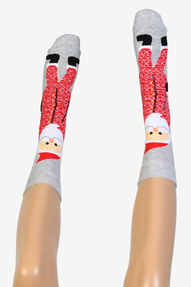 Moda1001 Noel Baba Temalı Yılbaşı Kadın Soket Çorabı  - Gri