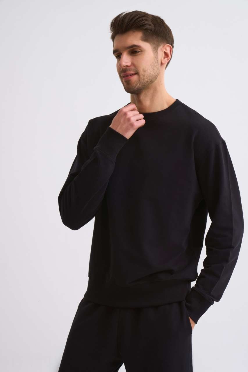 Organik Uzun Kollu Yuvarlak Yaka Erkek Sweatshirt - Siyah