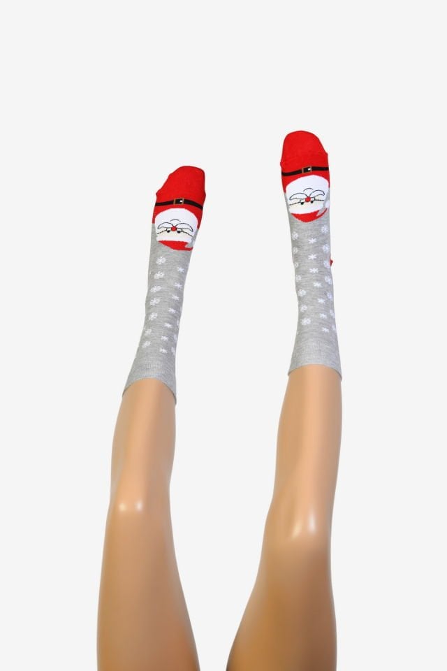 Moda1001 Noel Baba Temalı Yılbaşı Kadın Soket Çorabı  - Gri