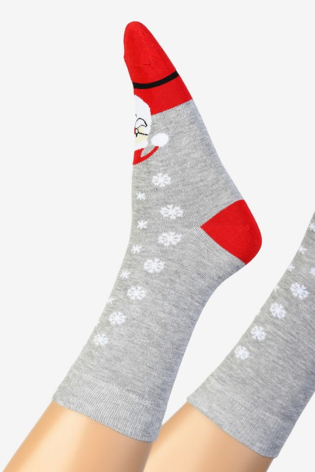 Moda1001 Noel Baba Temalı Yılbaşı Kadın Soket Çorabı  - Gri