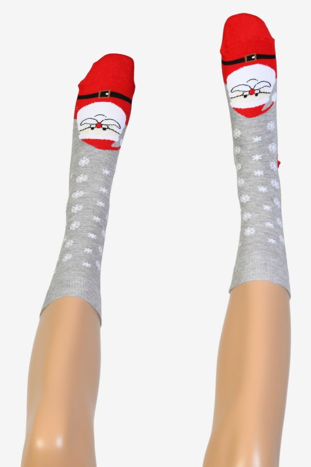 Moda1001 Noel Baba Temalı Yılbaşı Kadın Soket Çorabı  - Gri