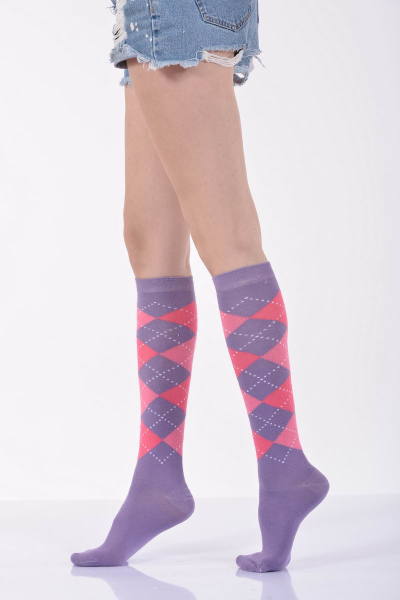 Kadın Ekoseli Dizaltı Çorabı  - Mor 3\\\'lü Paket