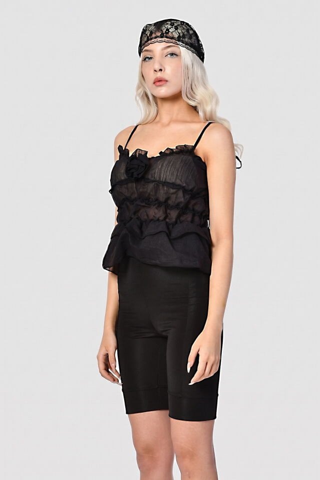 Lefon Gül Detaylı Askılı Bluz  - Siyah